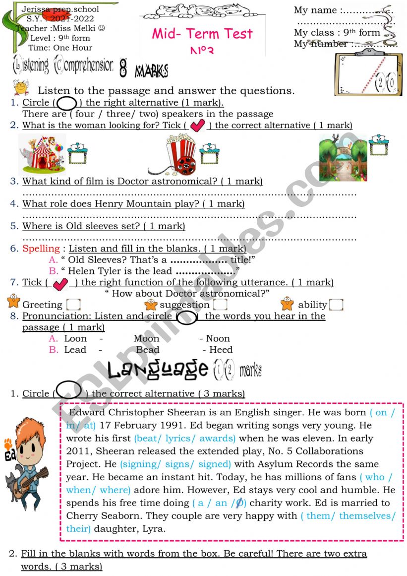 9th form test 3 worksheet