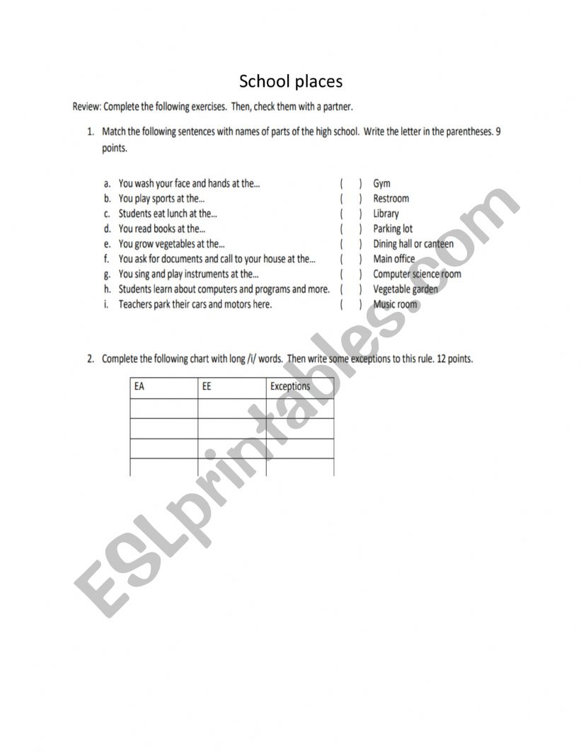 School places worksheet