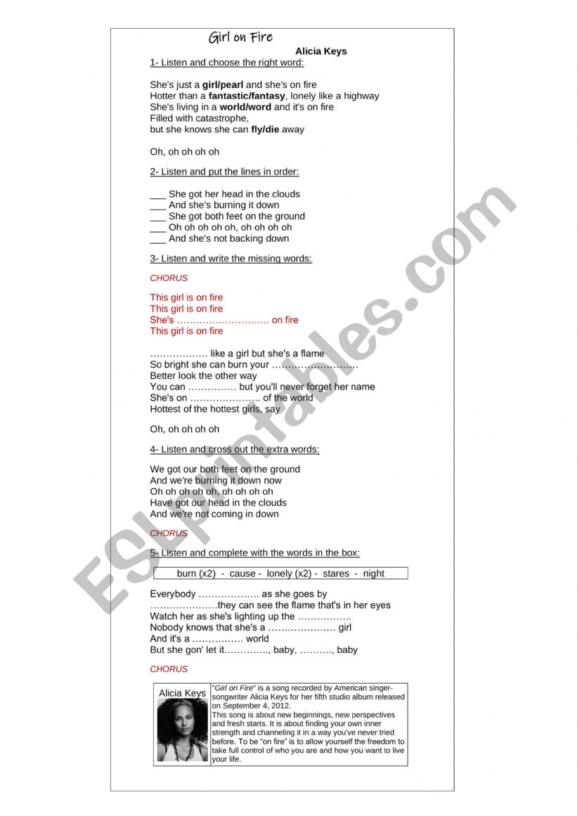 Girl on Fire - Song Lyrics worksheet