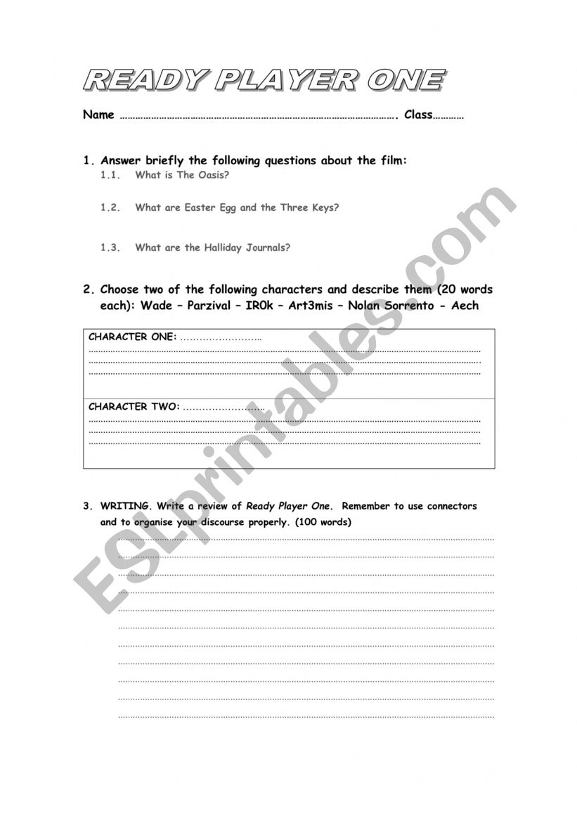 READY PLAYER ONE WORKSHEET worksheet