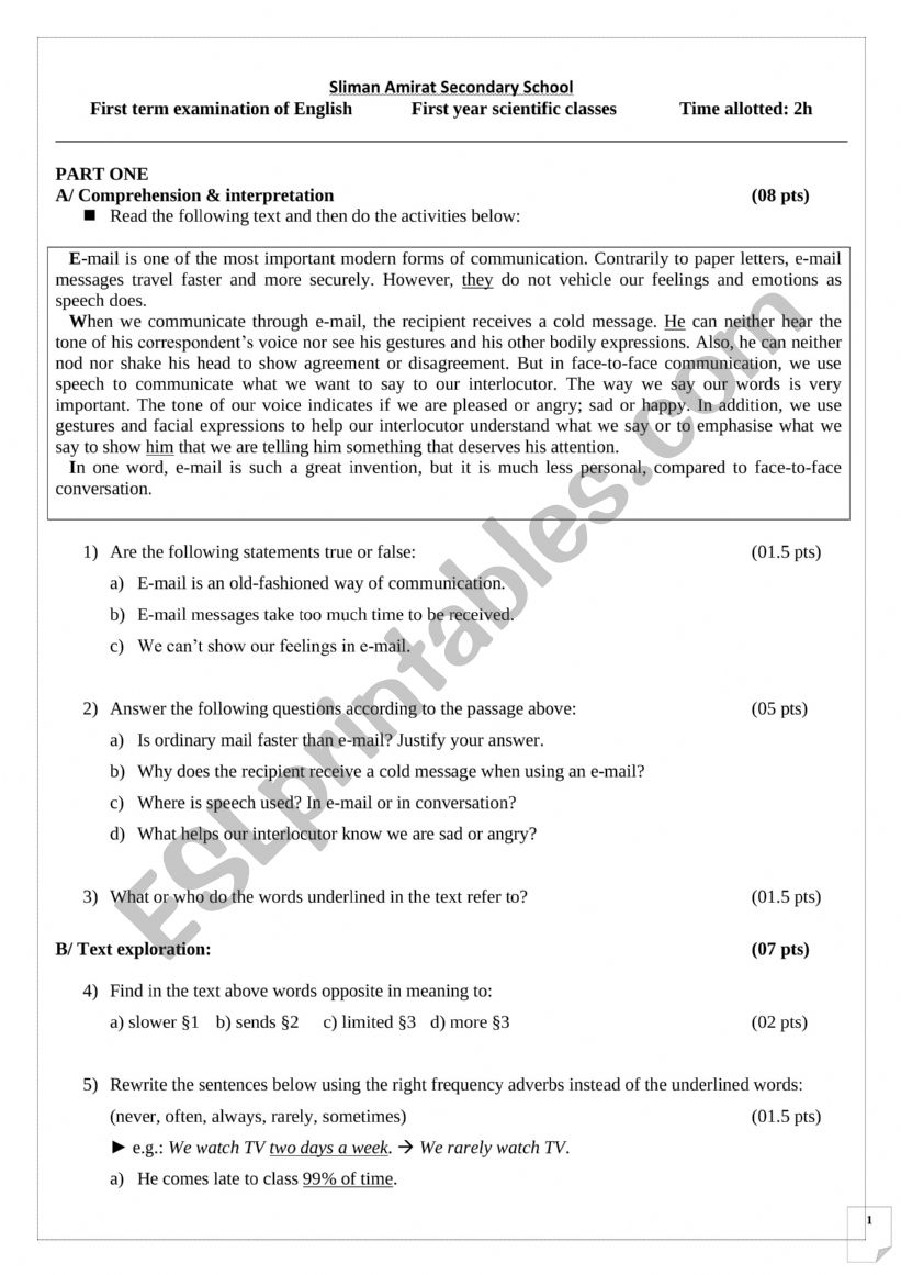 First Term Exam of English worksheet