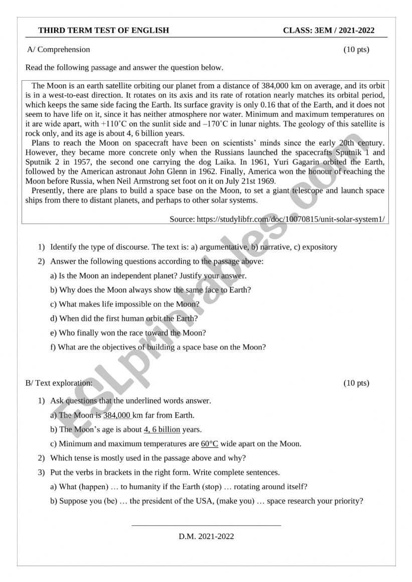 THIRD TERM TEST OF ENGLISH worksheet