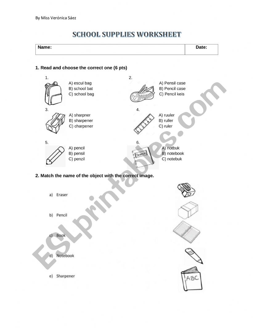 school supplies worksheet