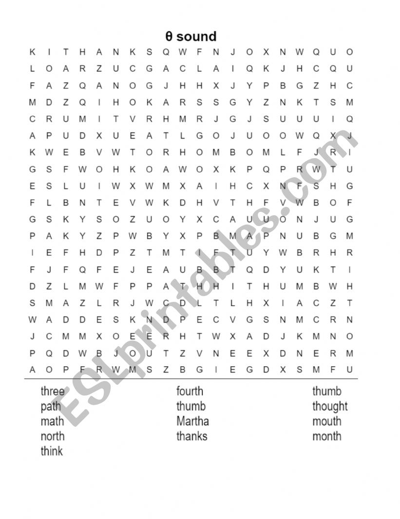 Theta sound wordsearch worksheet