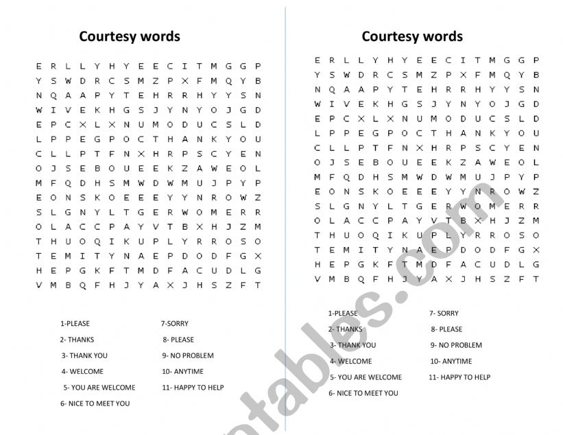 Courtesy words word search  worksheet