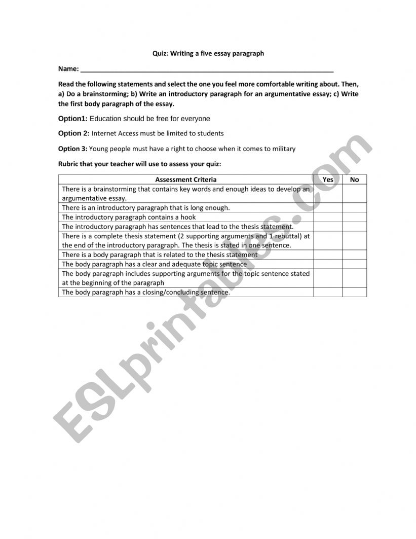 Quiz Writing a Five-Paragraph Essay