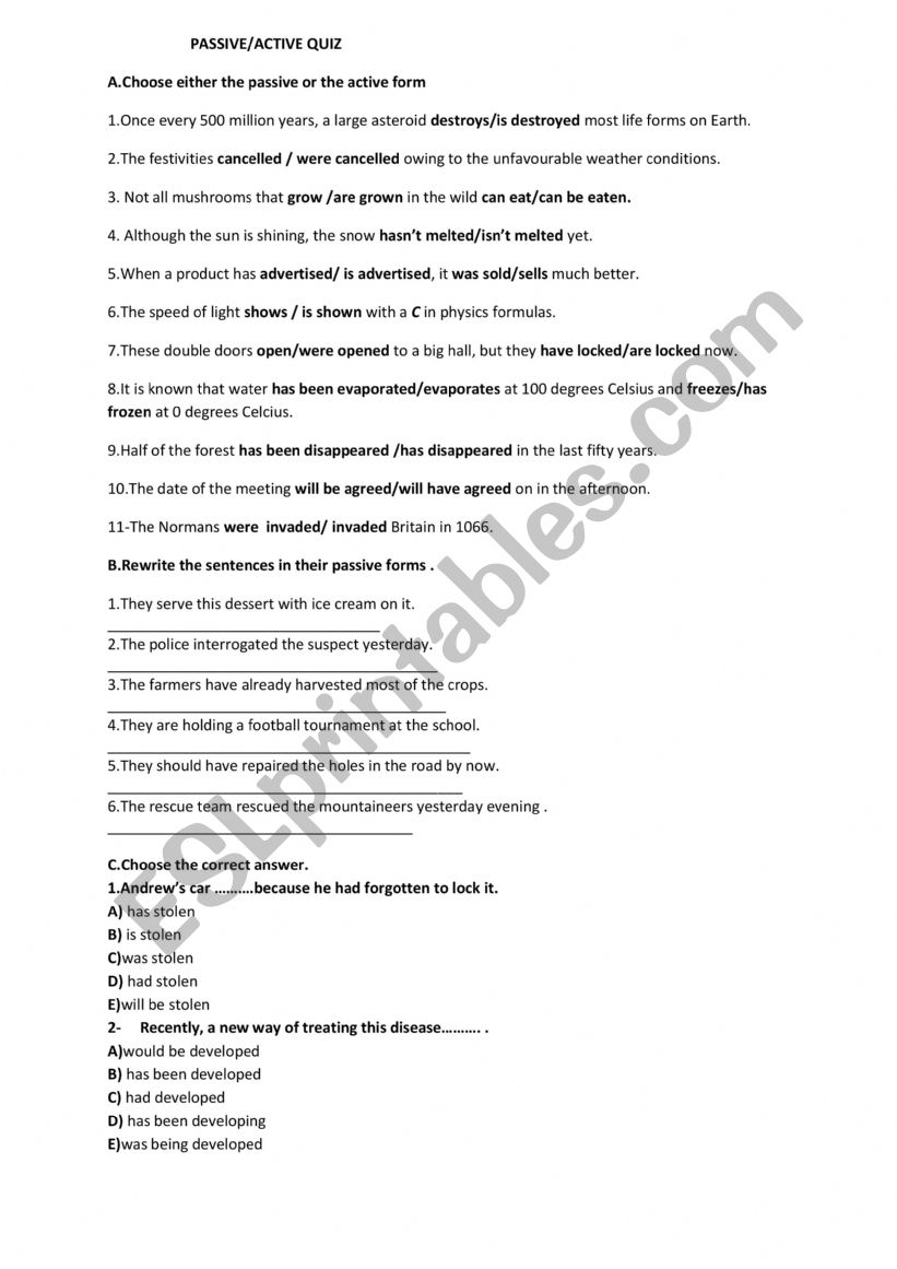 active/passive quiz worksheet