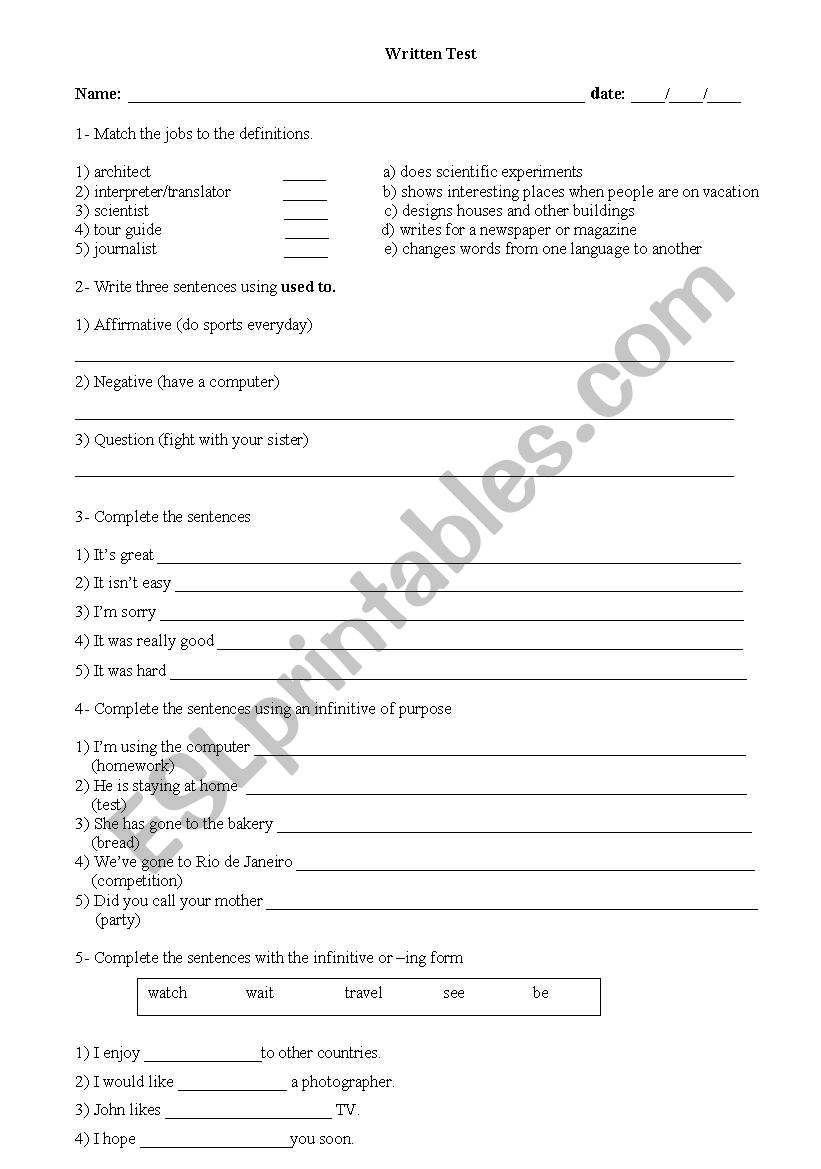 written test worksheet