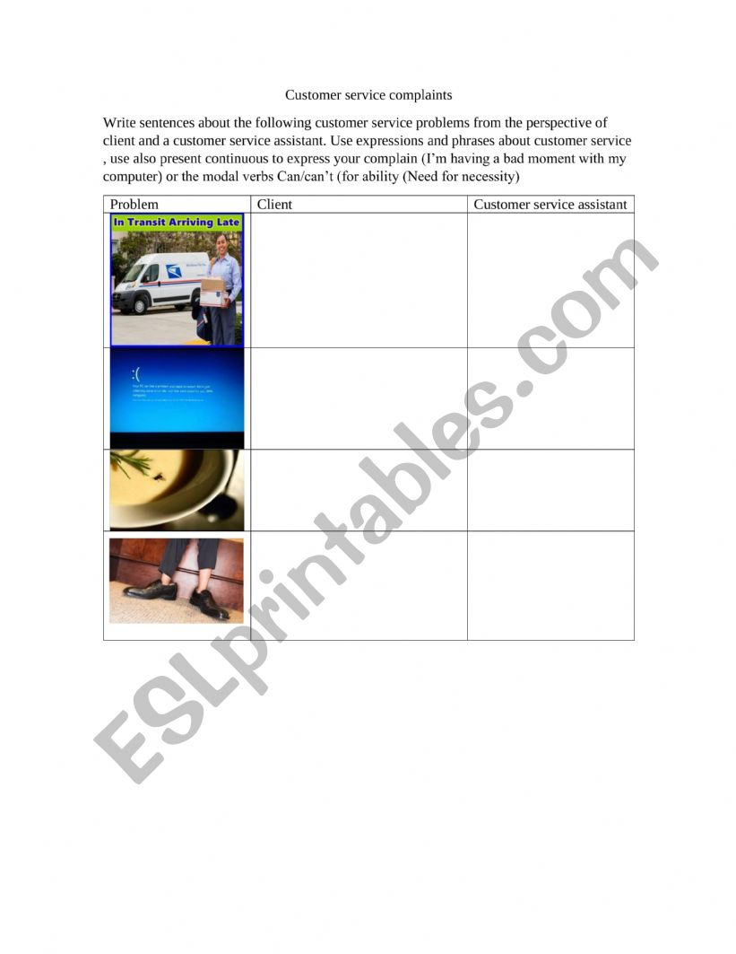customer service complaints  worksheet