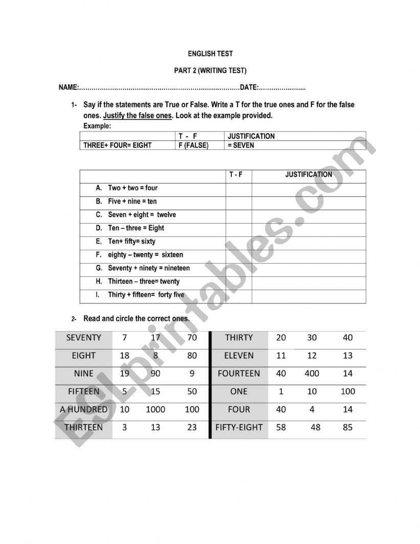 numbers test worksheet