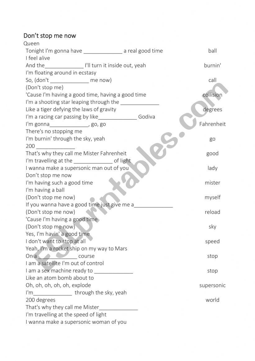 Don�t stop me now worksheet