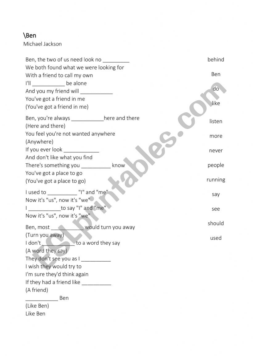 Ben - Michael Jackson worksheet