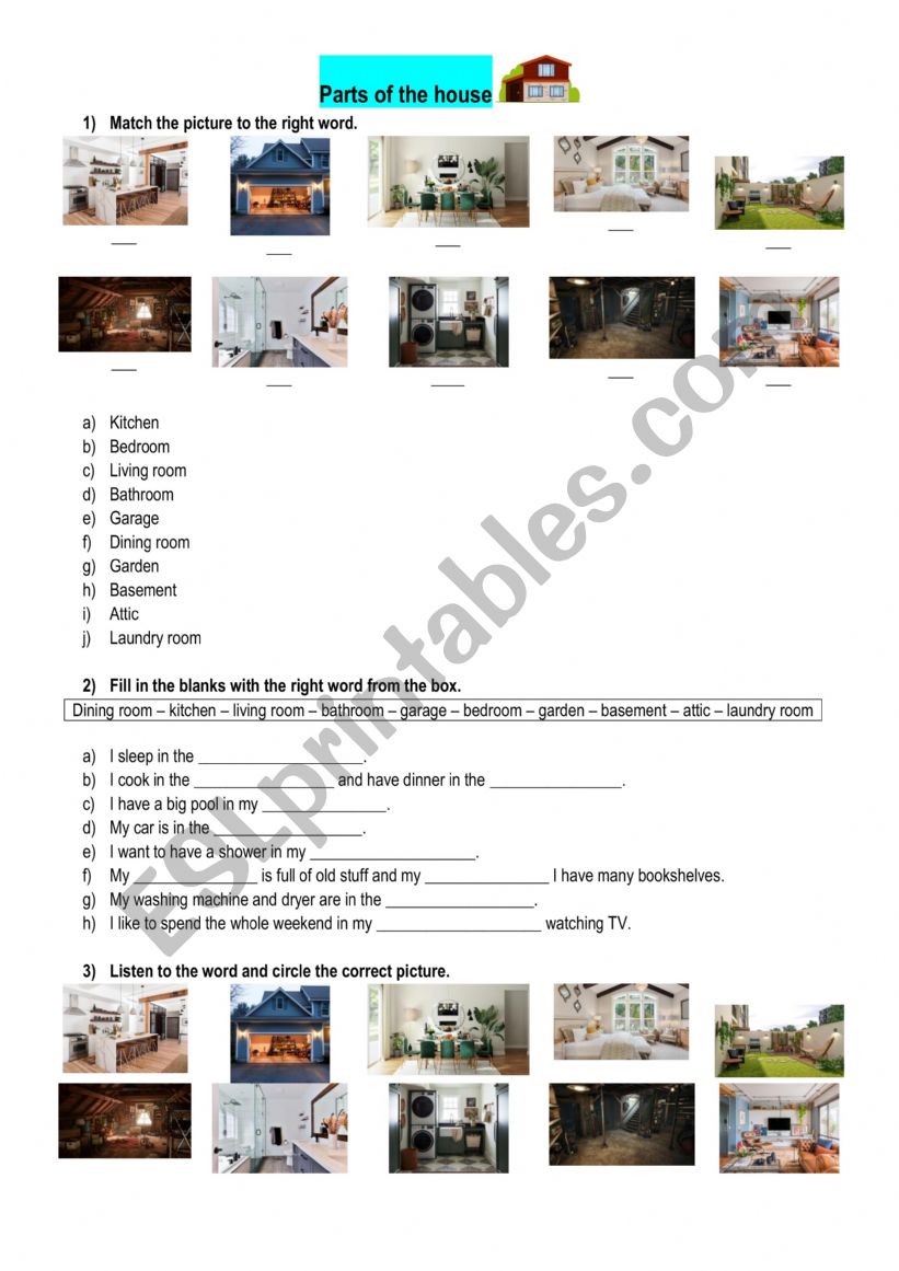 Parts of the house worksheet