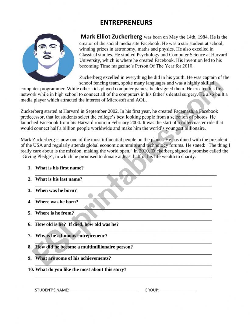 ENTREPRENEURS worksheet