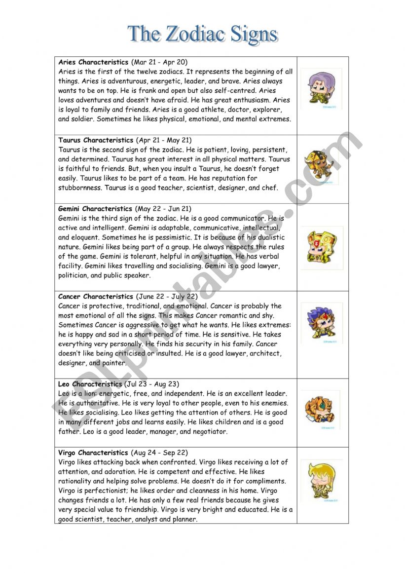 Zodiac Signs! worksheet