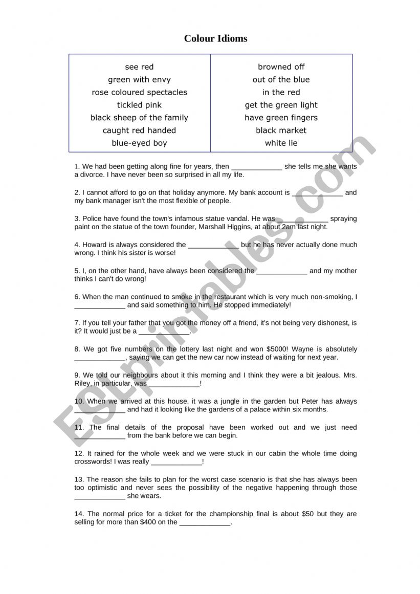 Colour Idioms worksheet