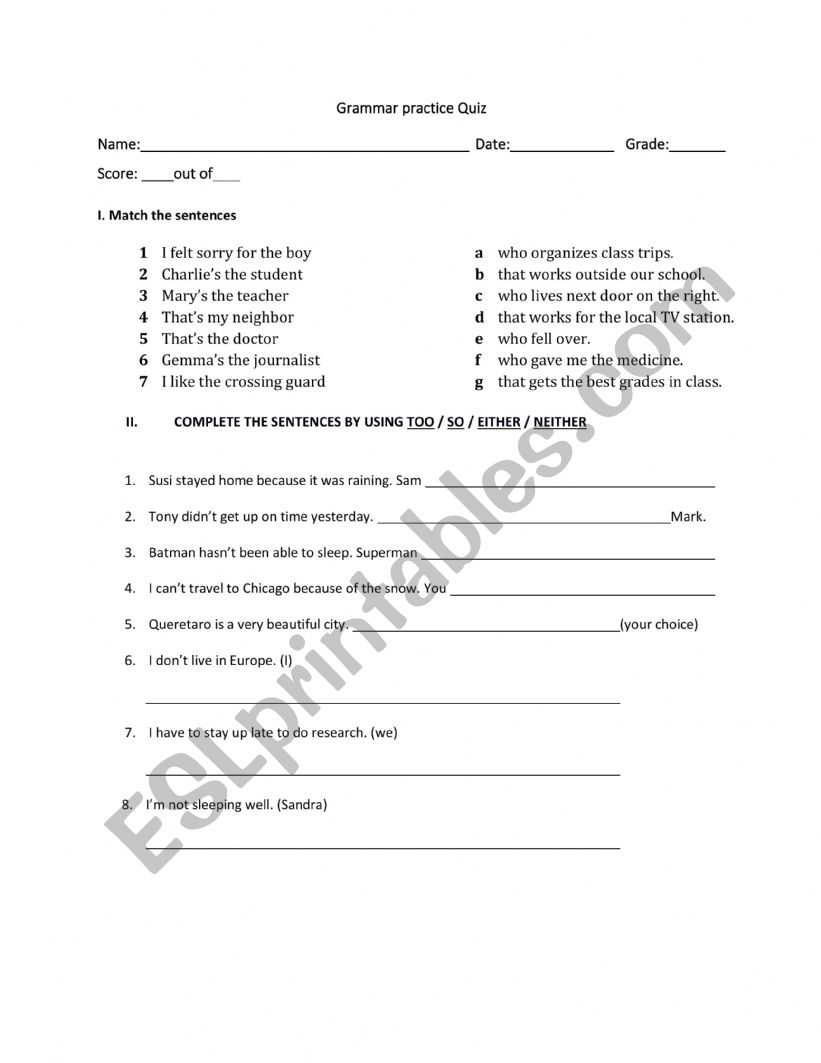 Grammar practice quiz  worksheet