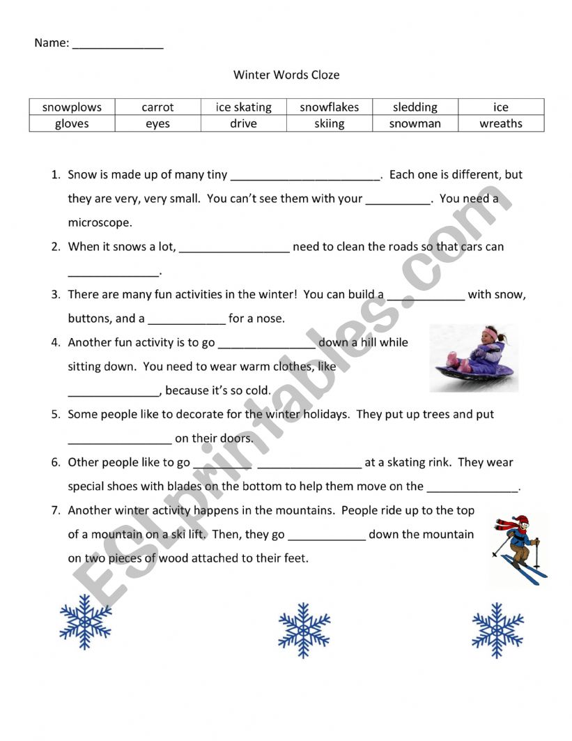 WINTER CLOZE READING  worksheet