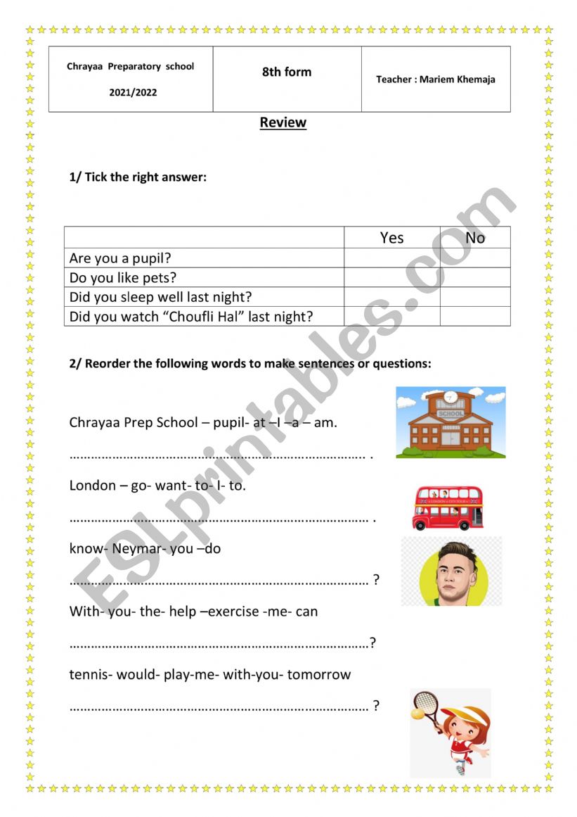 8th form review  worksheet