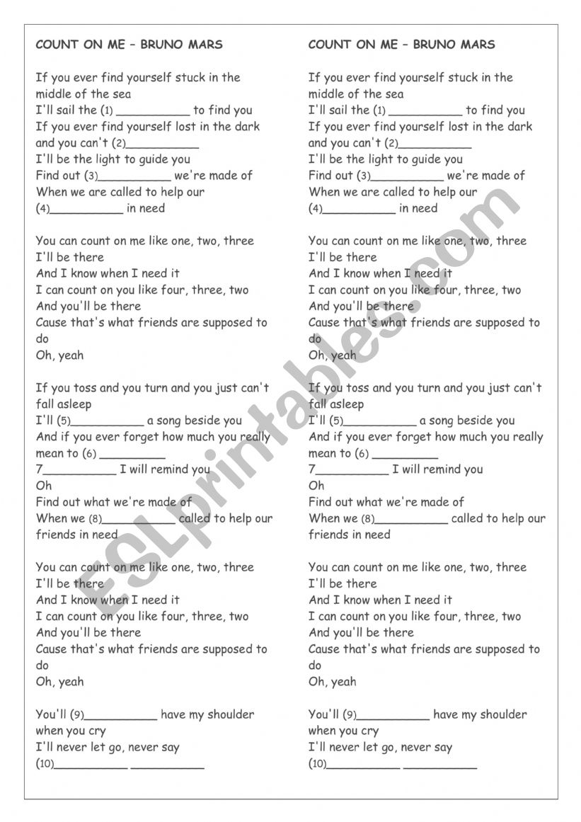 Count on me - Bruno Mars worksheet