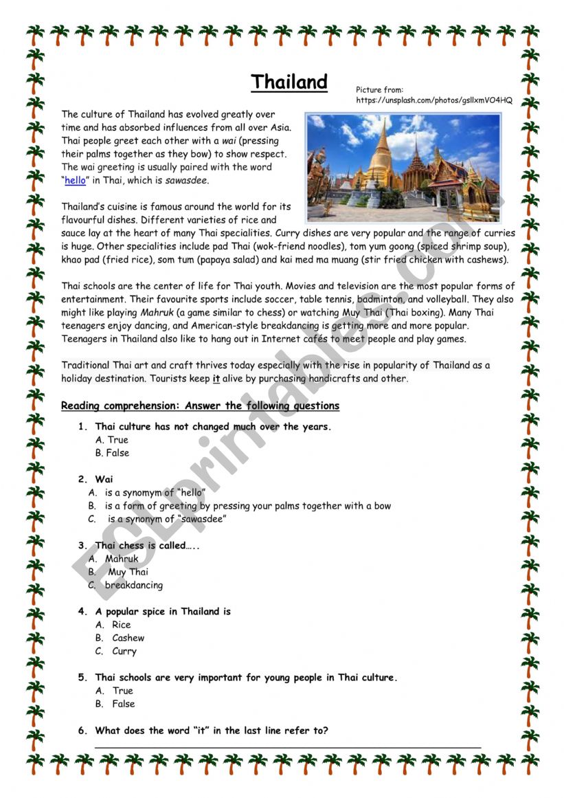 World travel: Thailand worksheet