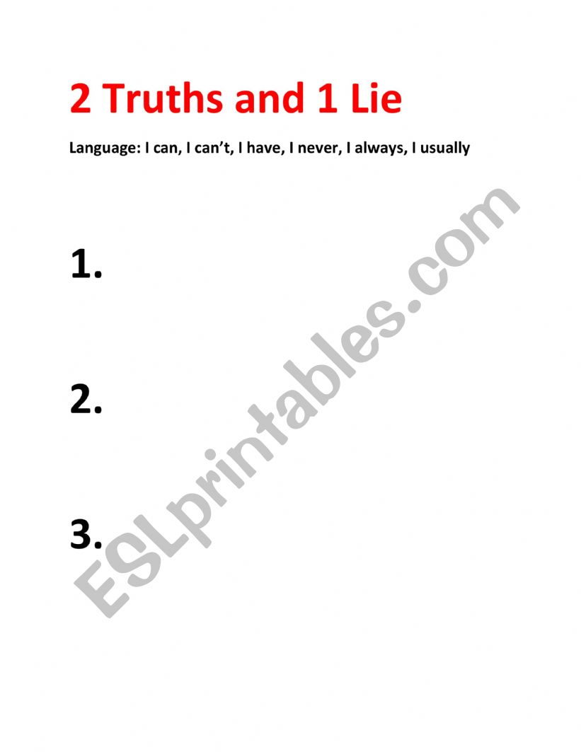Three truths and One Lie worksheet