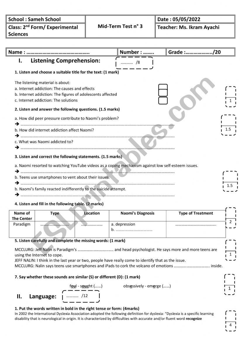 2nd Form - Experimental Sciences - Mid-Term Test n 3