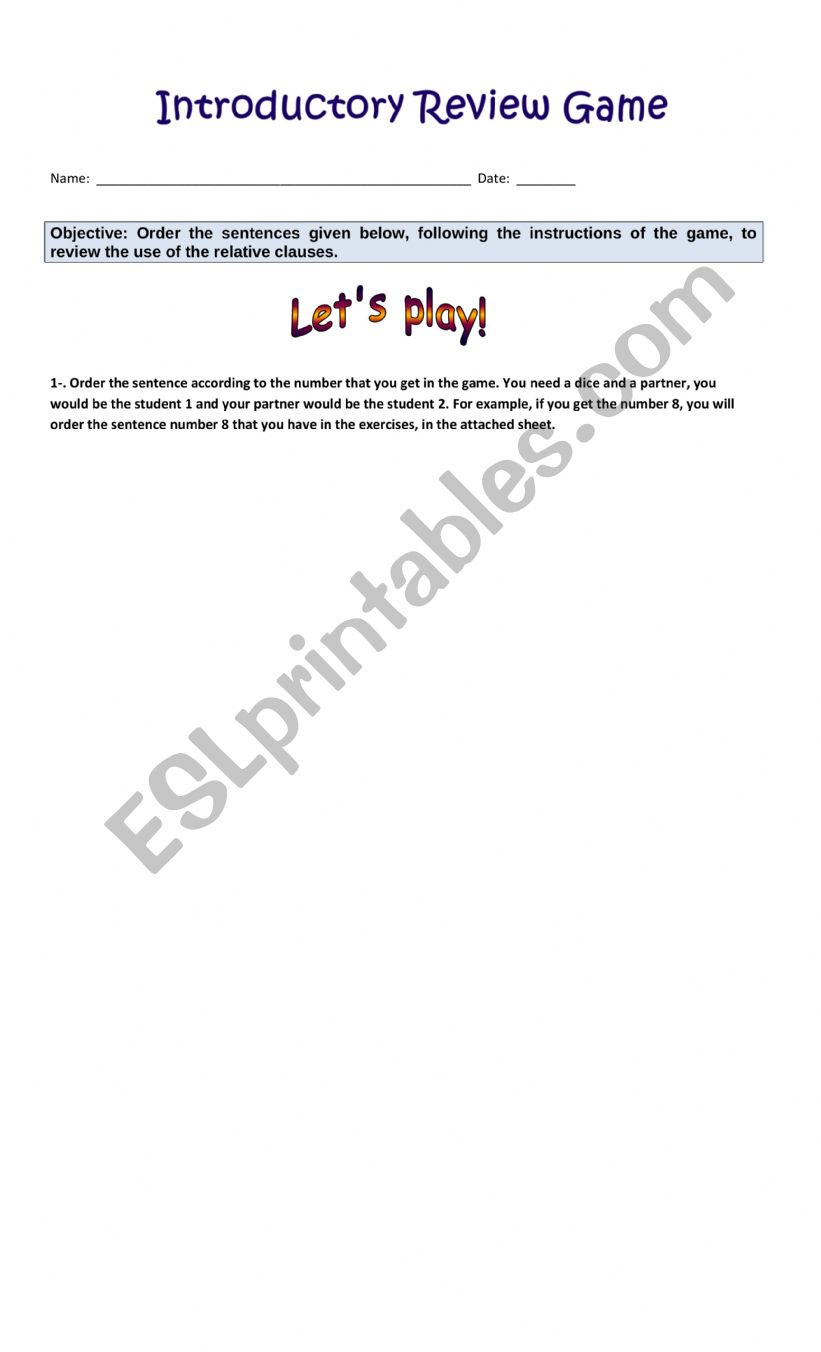 Order sentences Game worksheet