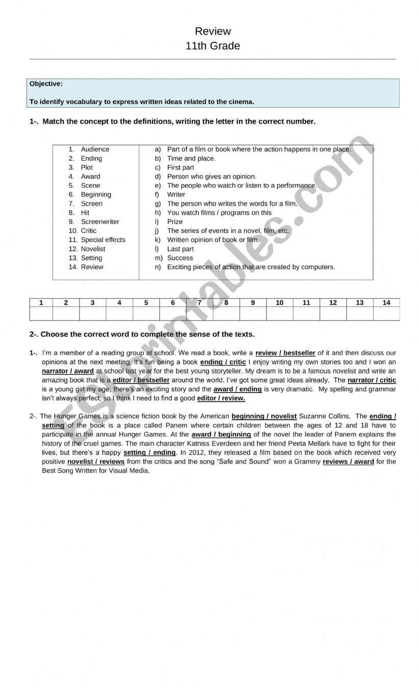 Reading Cinema worksheet