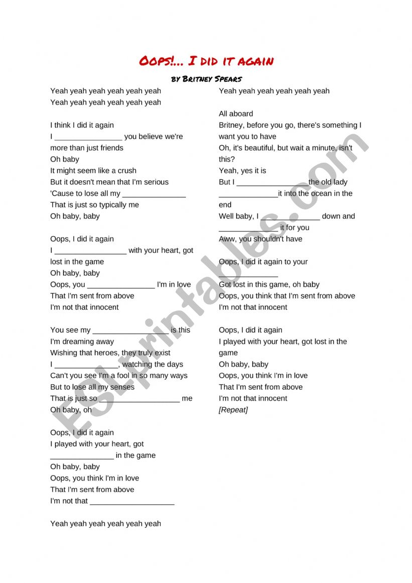 Oops i did it again esl worksheet by javiera rojas