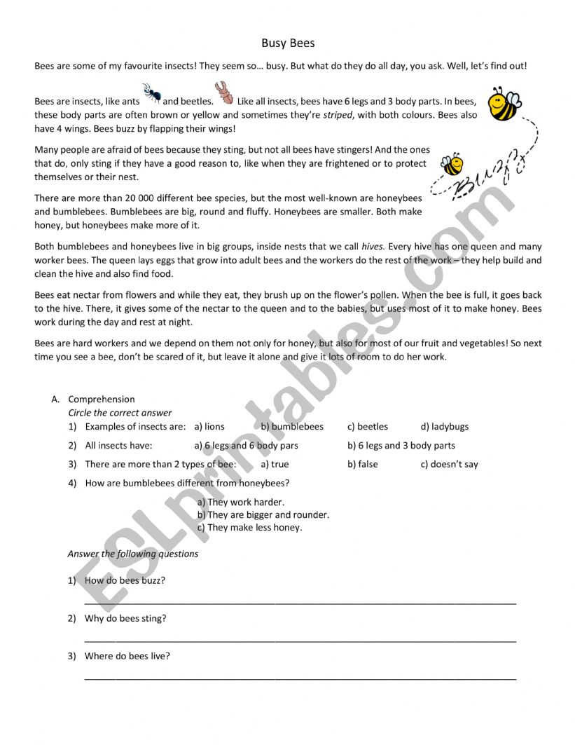 On bees worksheet