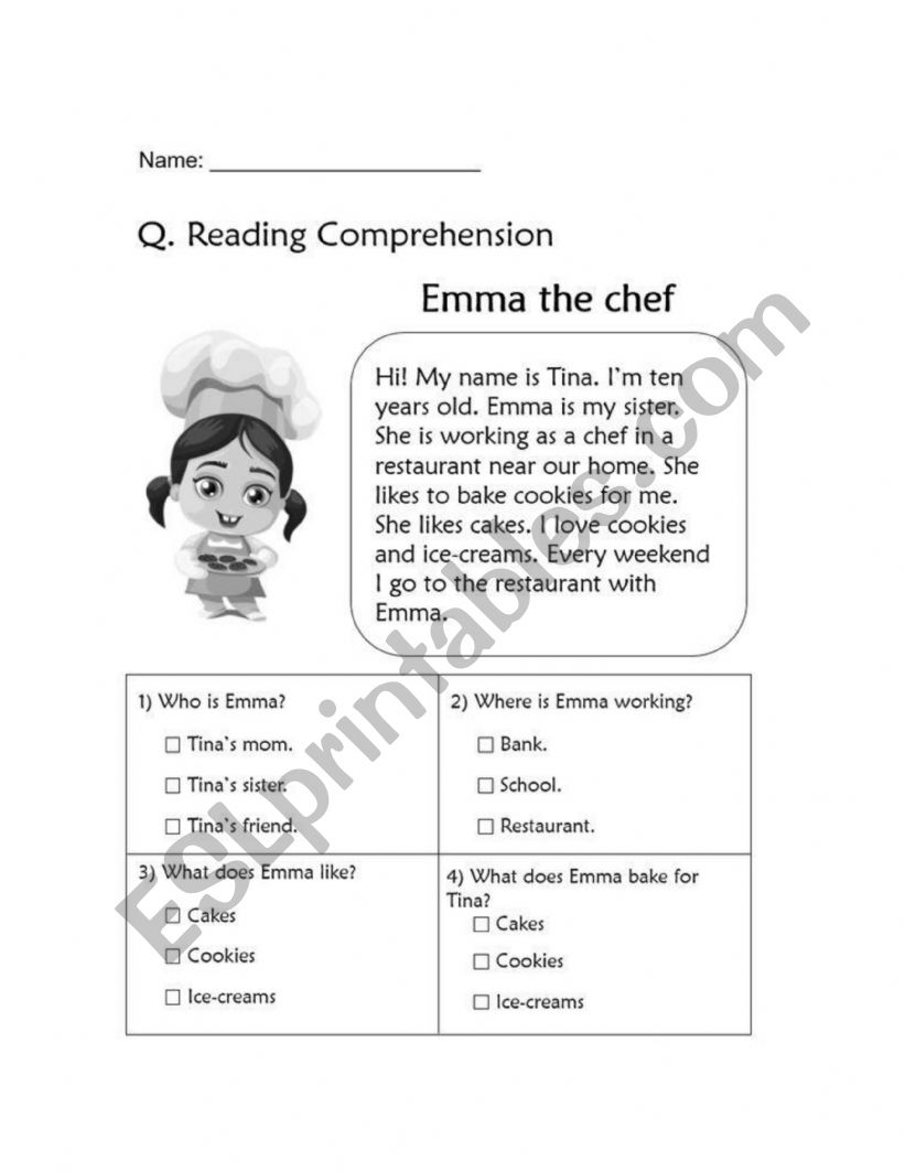 Reading comprehension worksheet