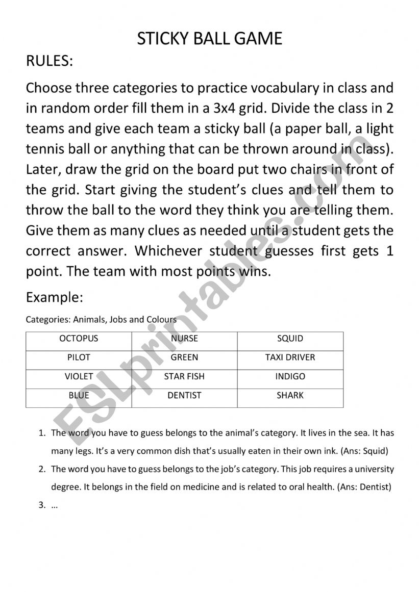 STICKY BALL GAME worksheet