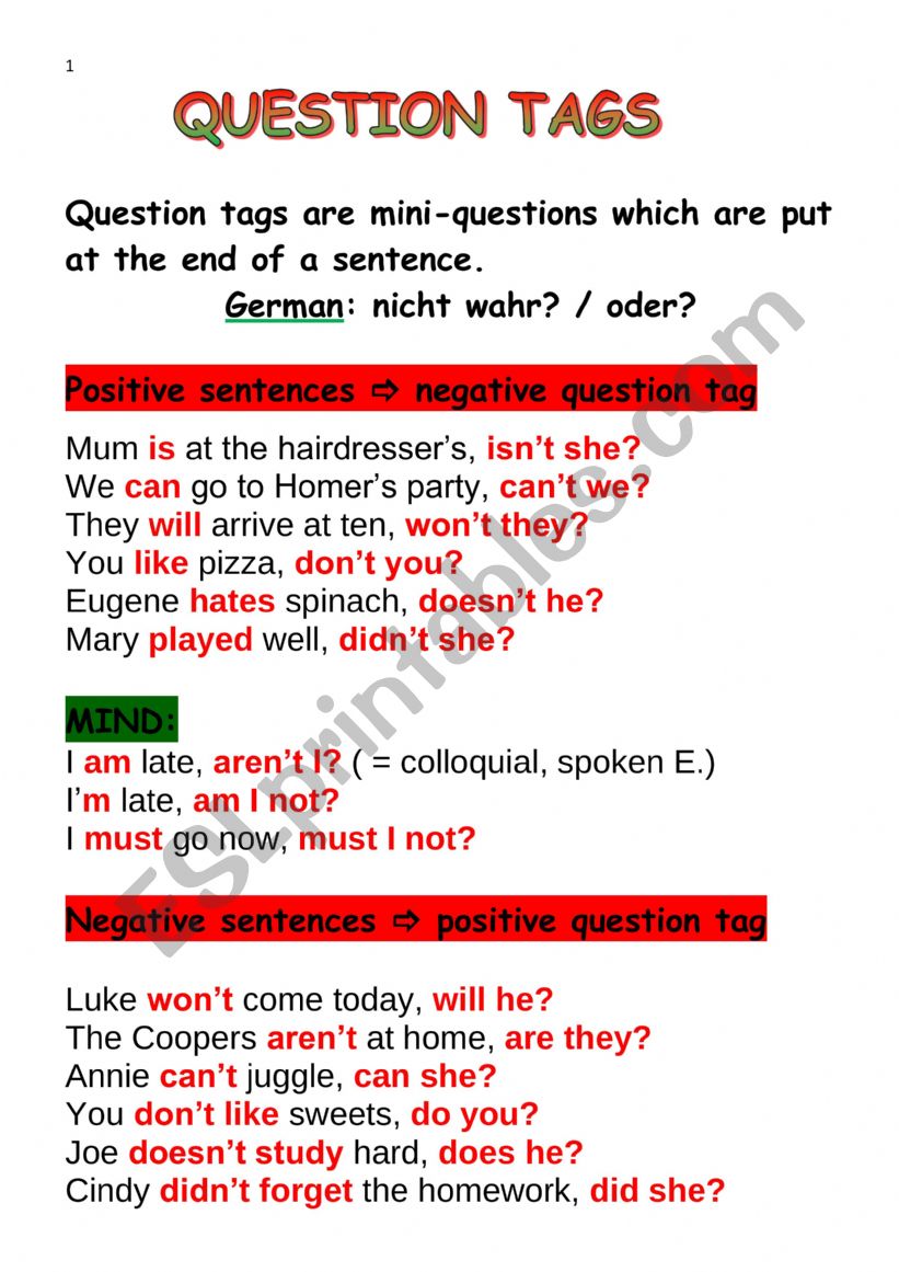 Question tags worksheet