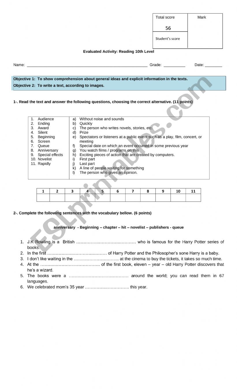 Reading comprehension Test worksheet