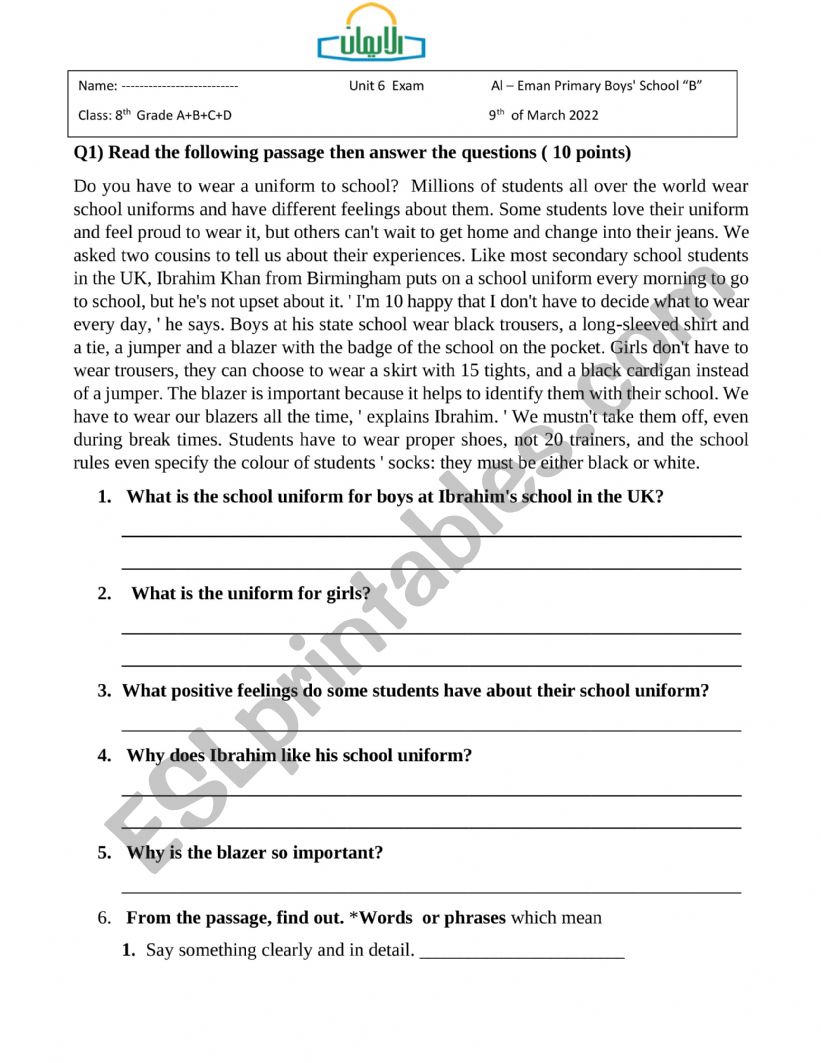 exam reading comprehension worksheet