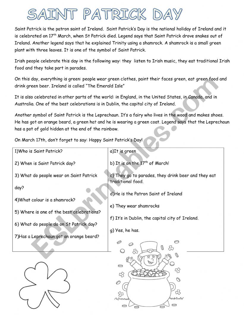 Saint Patrick reading worksheet