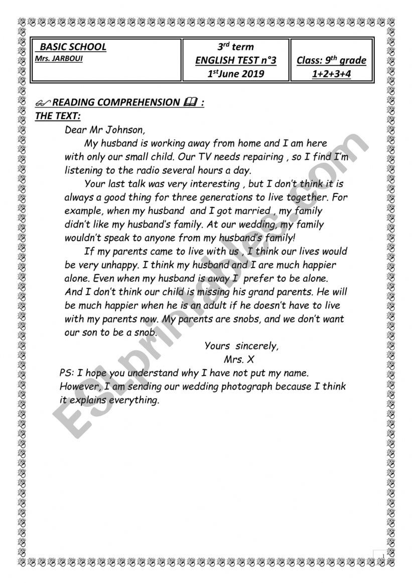 3rd term ENGLISH TEST n°3 - ESL worksheet by bayya english