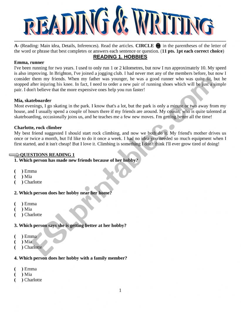 Reading and Writing worksheet