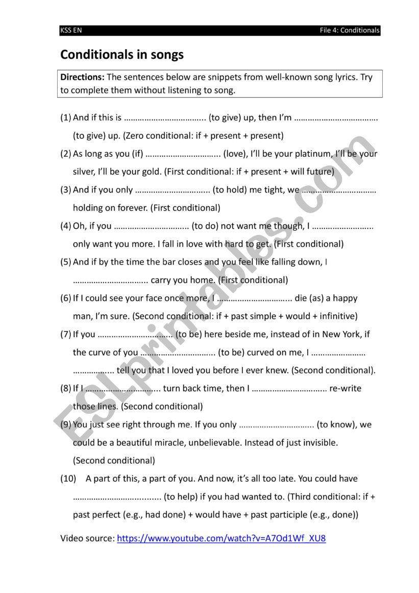 Conditionals in songs worksheet