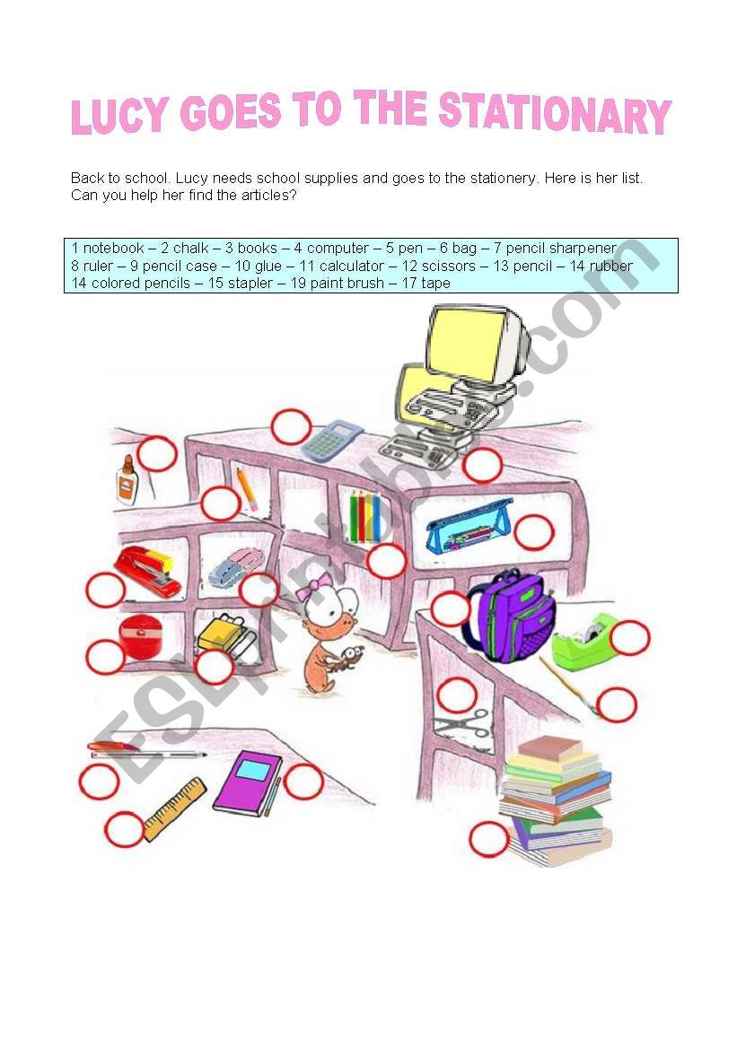 LUCY GOES TO THE STATIONARY worksheet