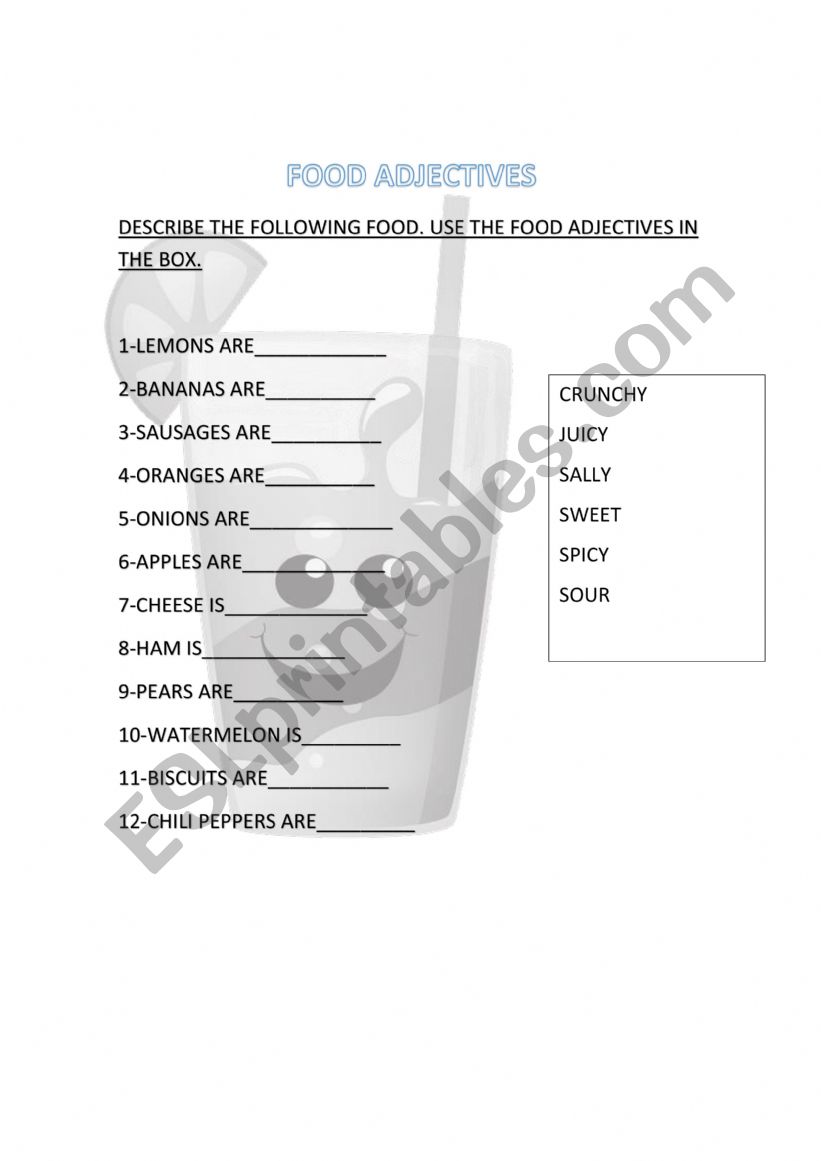 food adjectives worksheet