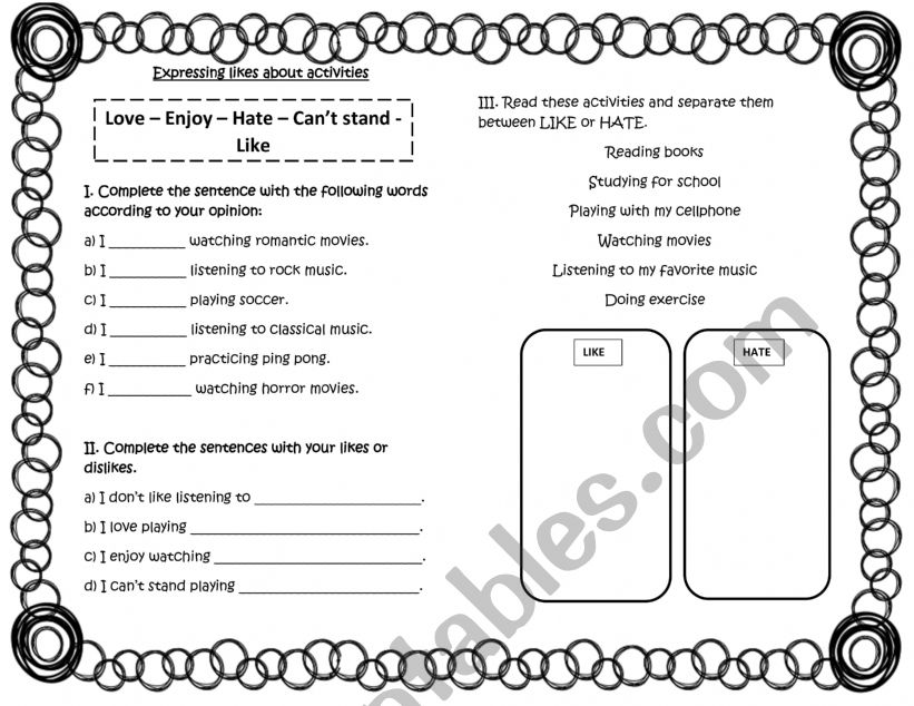 expressing preference worksheet