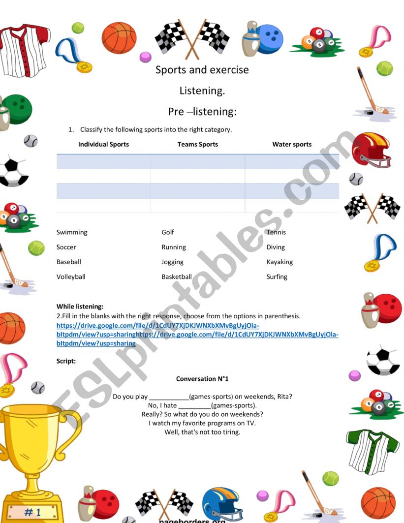 Sports and exercise worksheet