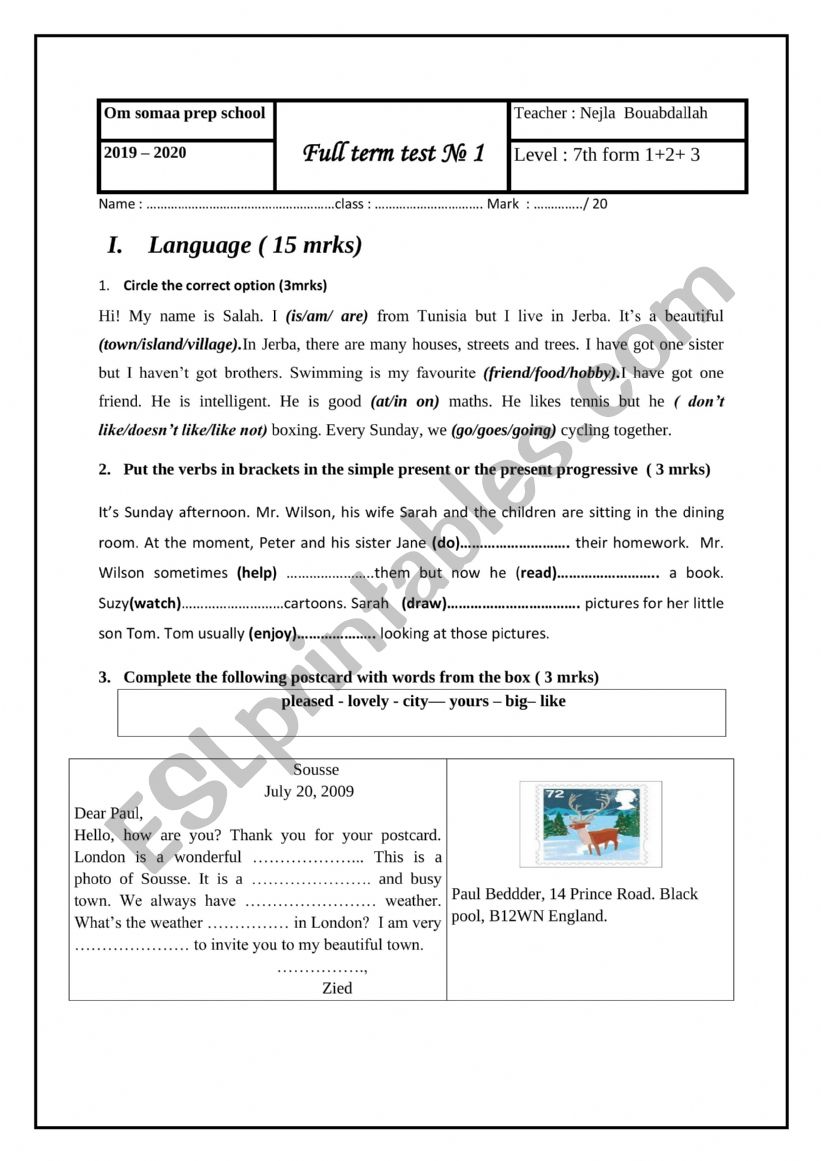 full term test 7th formers worksheet