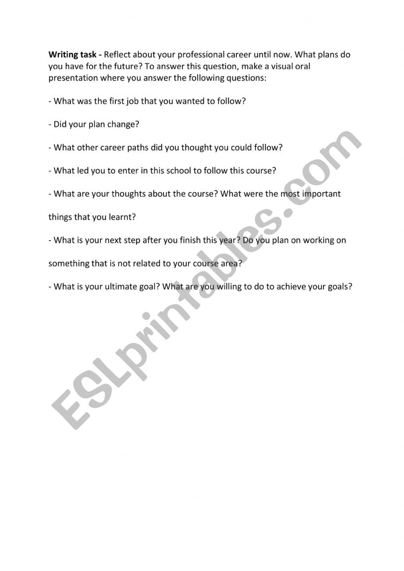 Plans for the future - task worksheet