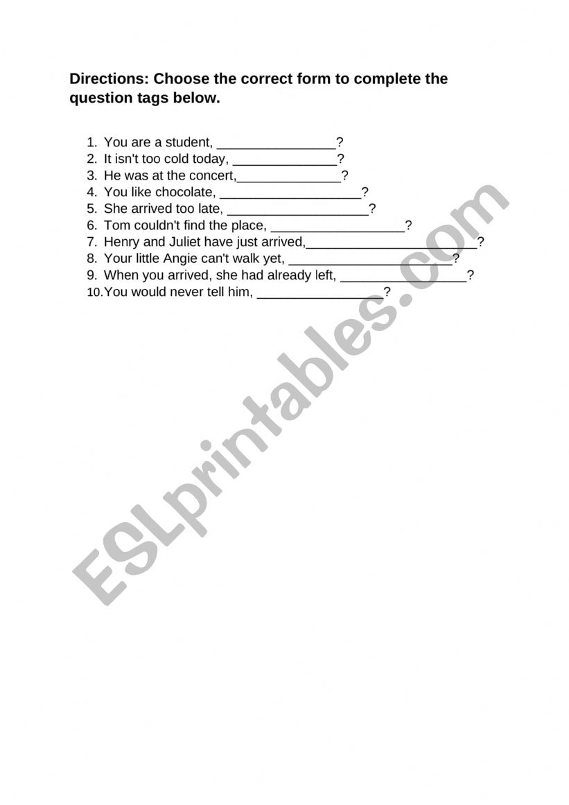 Tag questions worksheet