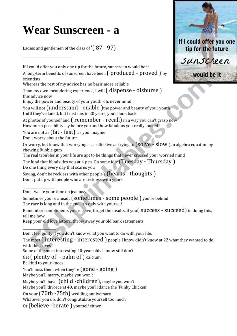 Wear Sunscreen worksheet