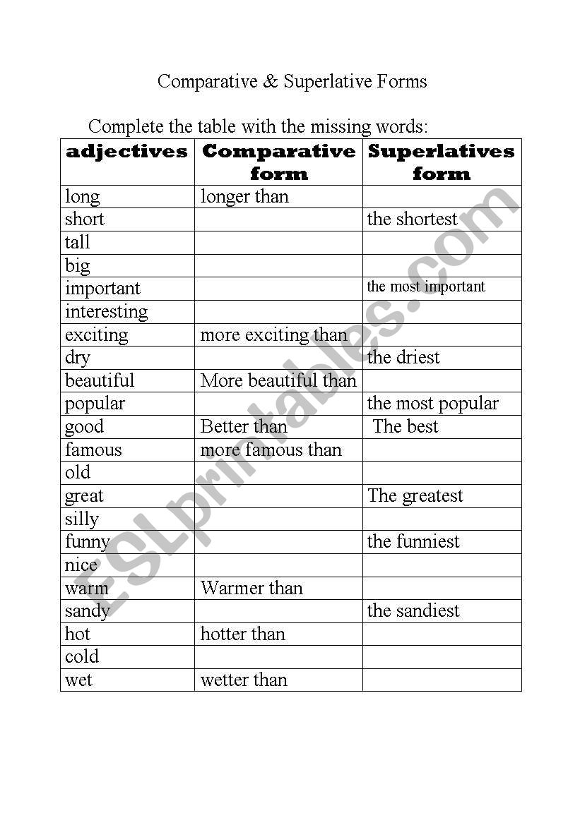 Superlatives worksheet
