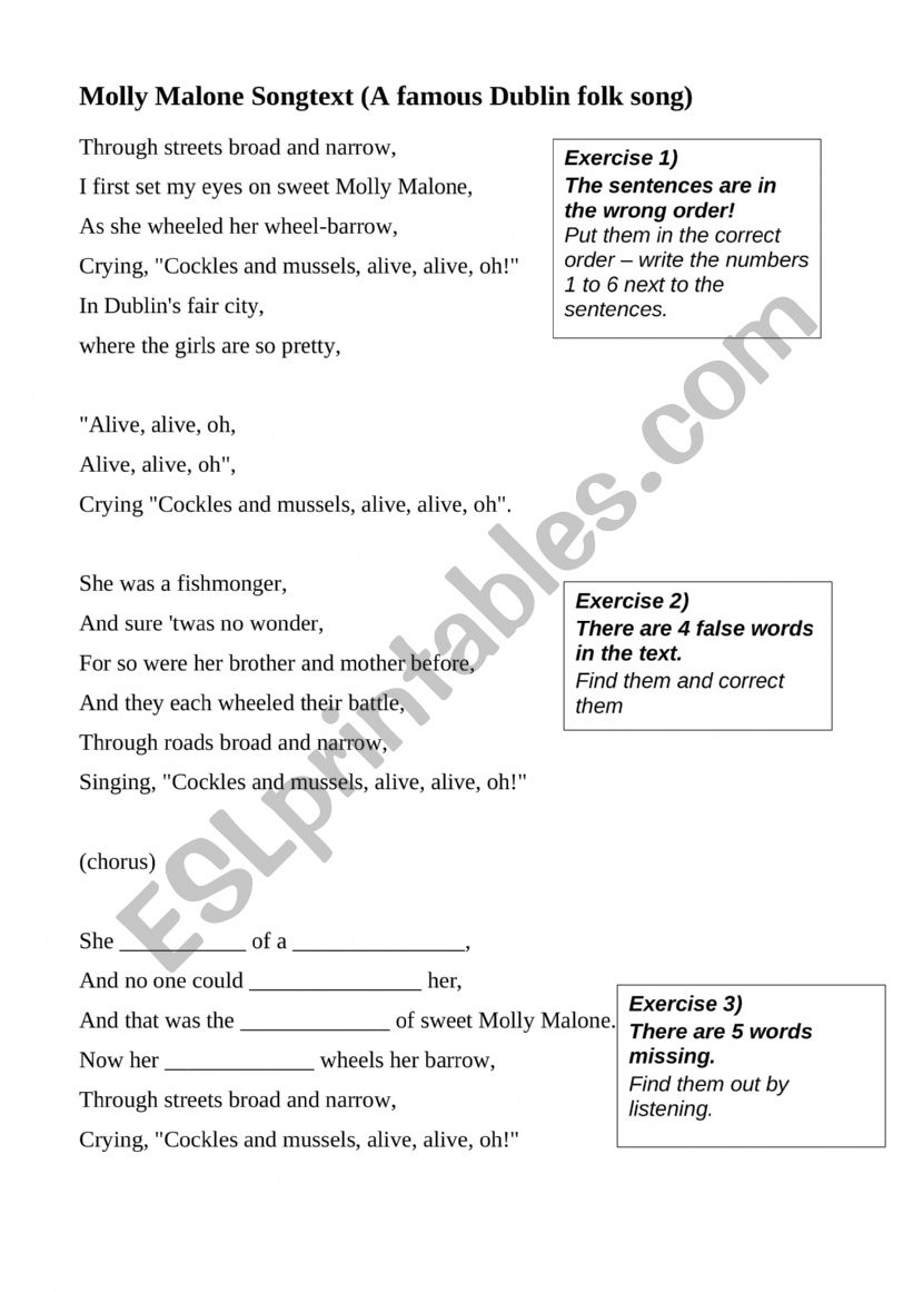 Molly Malone Songtext worksheet